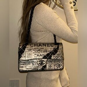 CHANEL Graffiti Newspaper Logo Medium Double Flap Lambskin Handbag Black/Silver